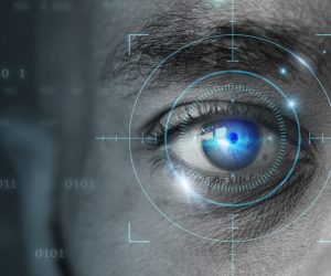 Retinal biometrics technology with man’s eye digital remix